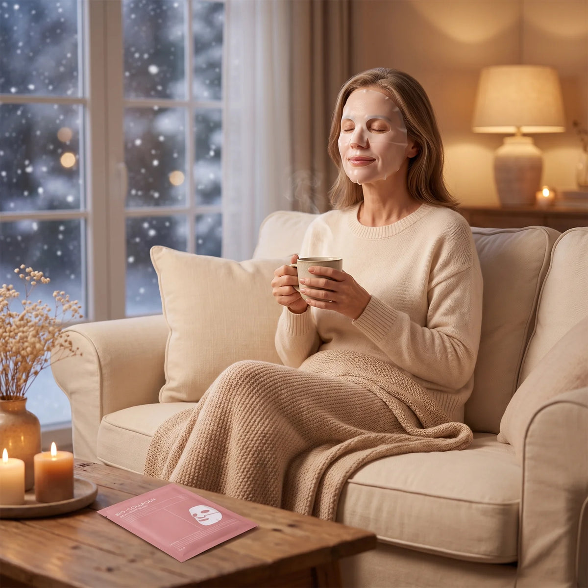 Moment détente avec le masque Bio-Collagène un soir d'hiver