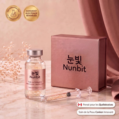 Sérum aux peptides de soie et collagène Nunbit, flacon, coffret et seringue