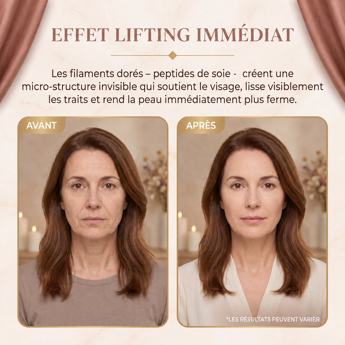 Effet lifting immédiat du sérum Nunbit, avant et après